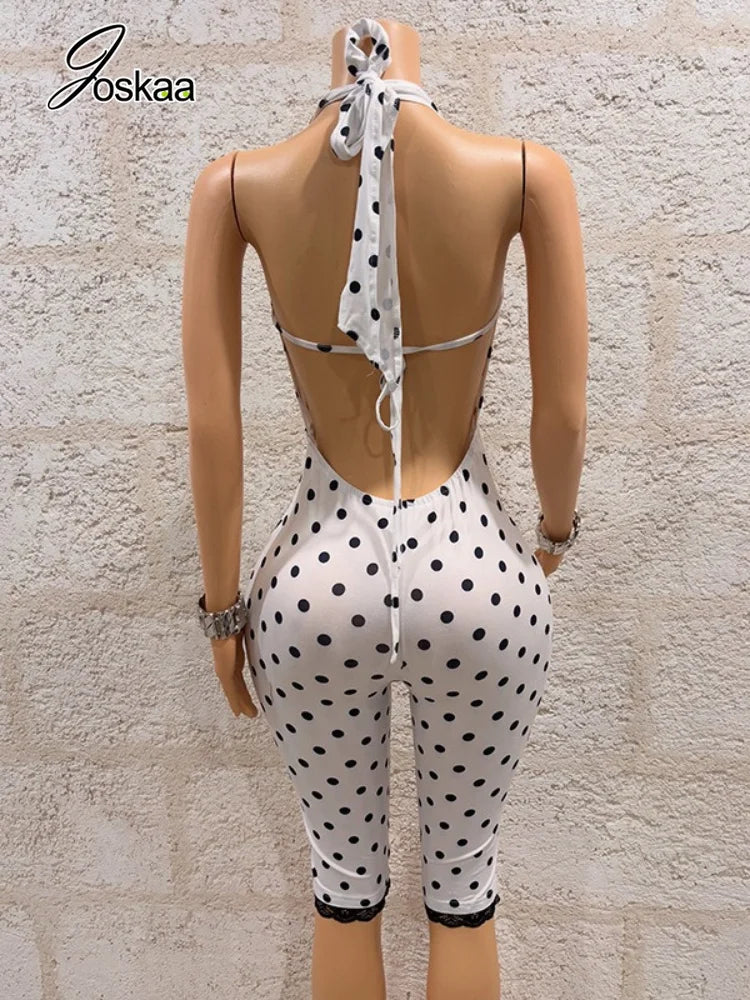 Women's Polka Dot Lace Backless V-neck Romper - Detail View