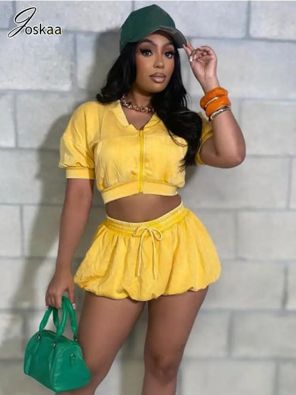 Women's Short Sleeve Crop Zip Two Piece Set Yellow – Side View