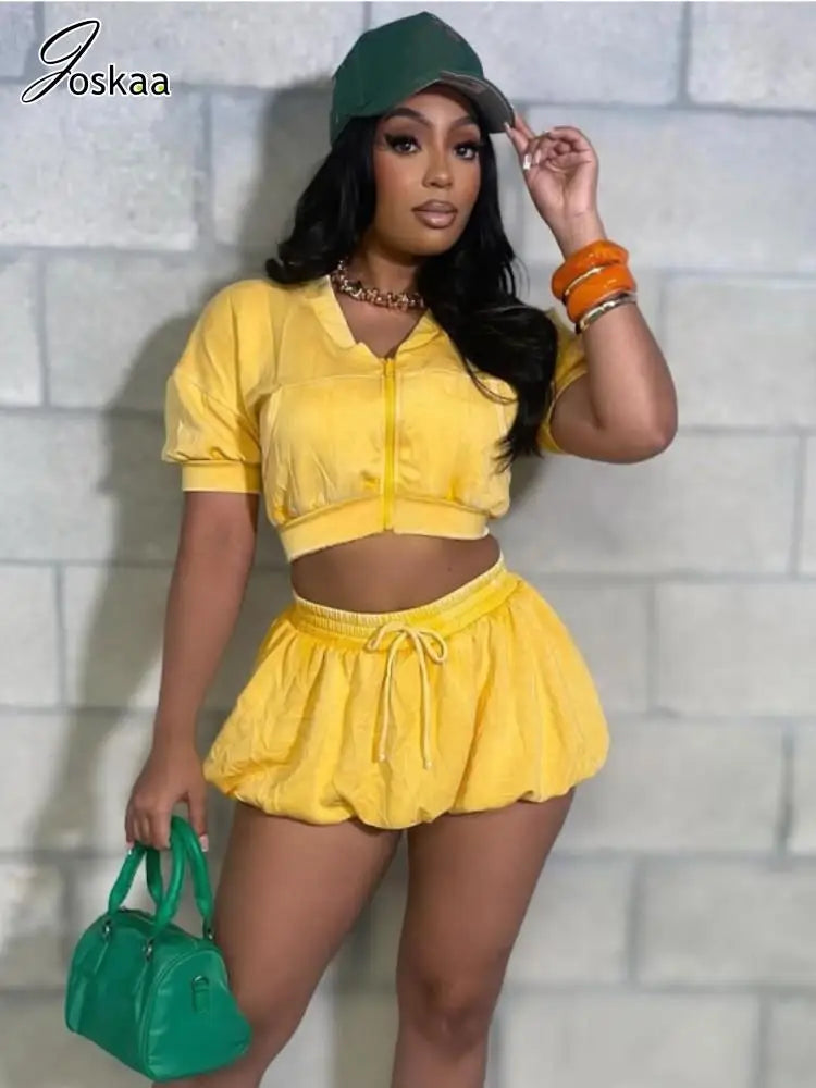 Women's Short Sleeve Crop Zip Two Piece Set Yellow – Side View