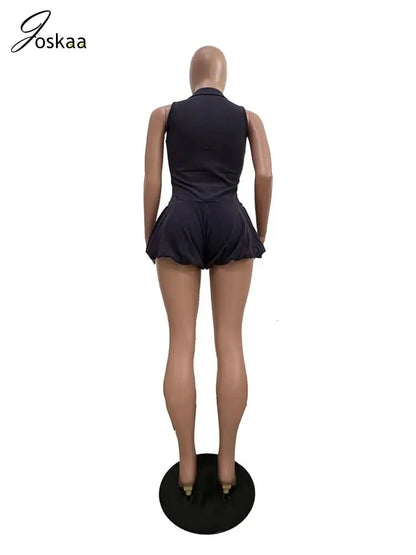 Women's Sleeveless Bodycon Sporty Bubble Romper Black Blue – Detail View