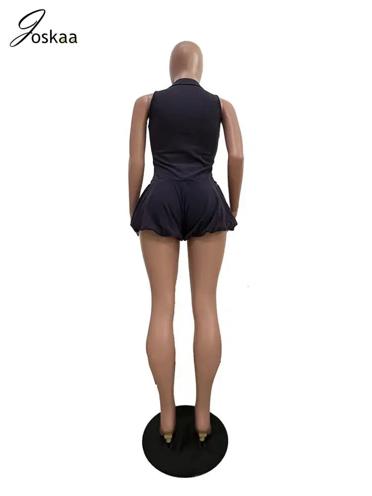 Women's Sleeveless Bodycon Sporty Bubble Romper Black Blue – Detail View