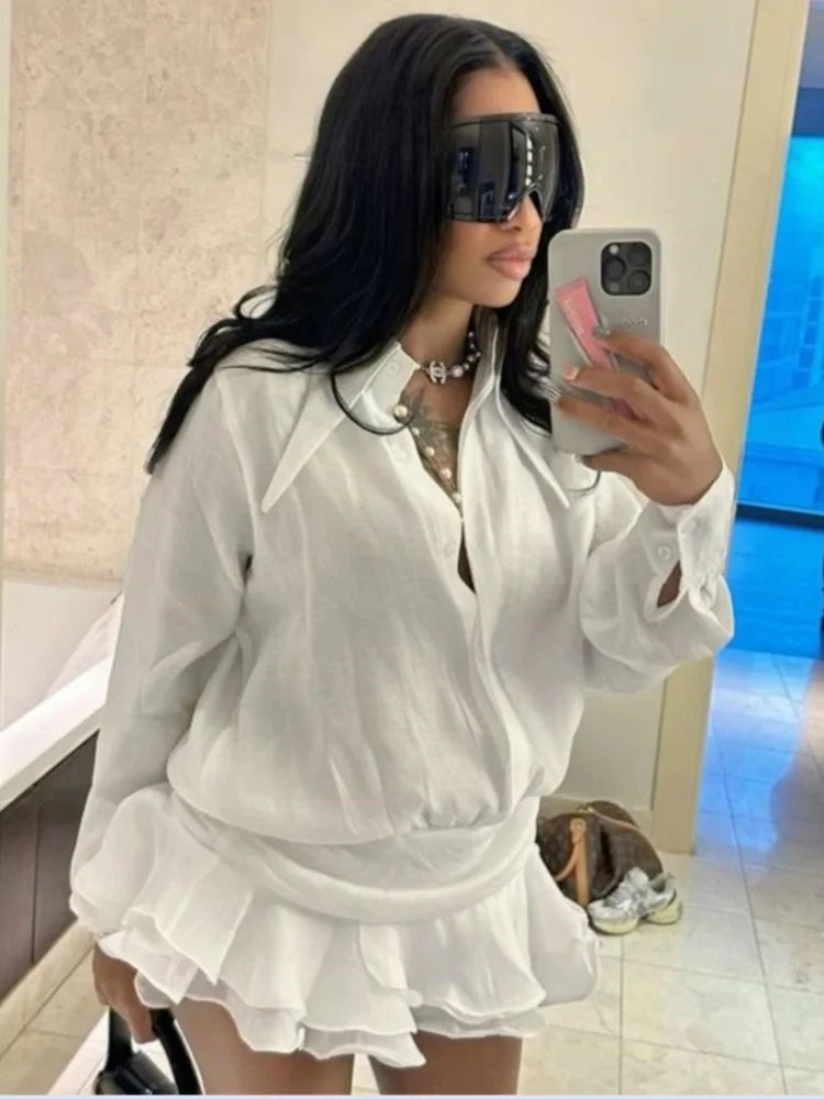 Women's Mesh Long Sleeve White Lapel Single Mini Dress – Women's Fashion Wholesale – Front View