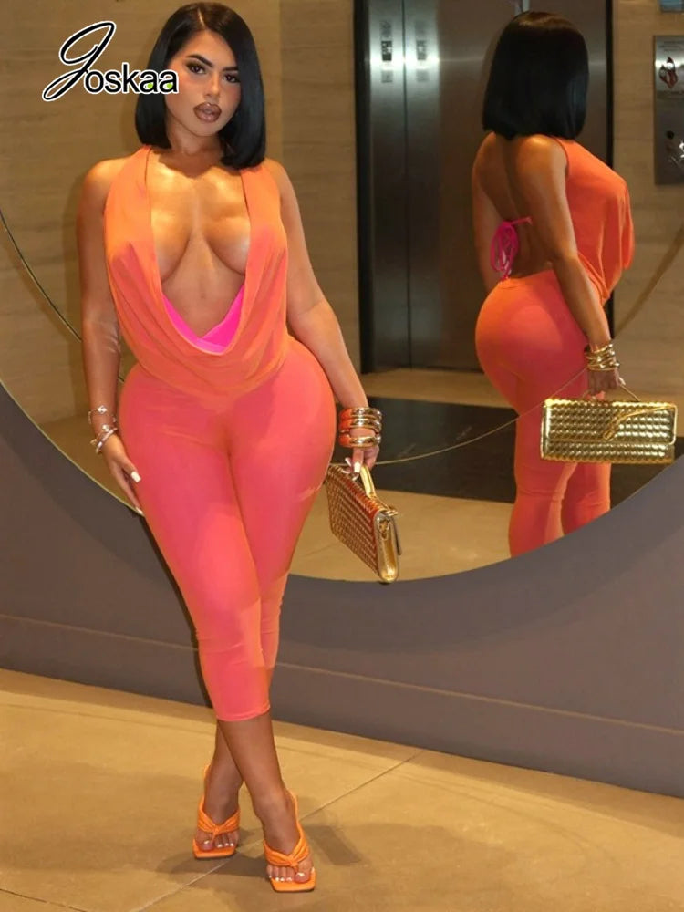 Women's Backless Halter Crop Two Piece Set Rose Red – Side View