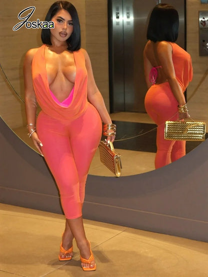 Women's Backless Halter Crop Two Piece Set Rose Red – Side View