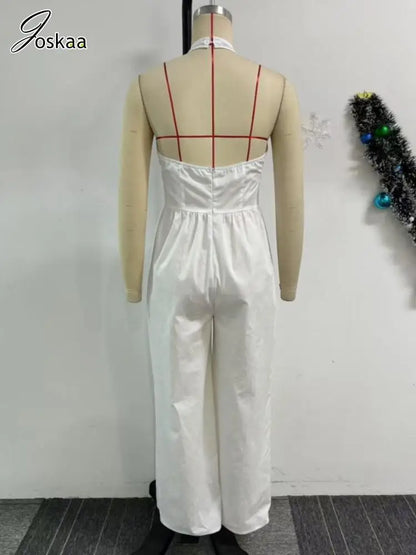 Women's Backless Halter Flare Wide Leg Romper Black – Detail View