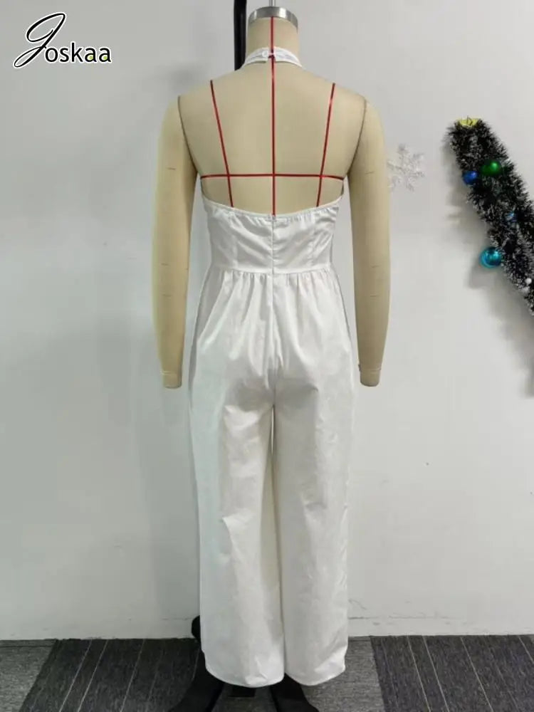 Women's Backless Halter Flare Wide Leg Romper Black – Detail View