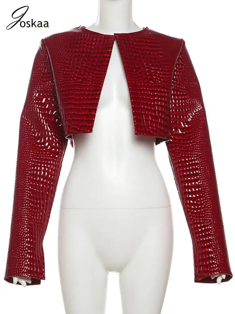 Women's Sequin Long Sleeve Crop Shiny Red Jackets Jacket Black – Back View