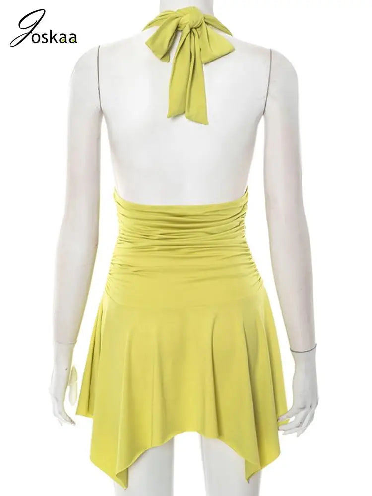 Women's Lace Ruched Backless Halter Mini Dress Green – Detail View