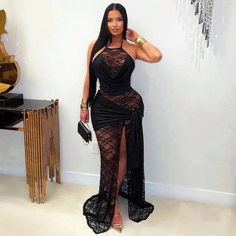 Women's Mesh Lace Ruched Backless Maxi Dress - Detail View 8