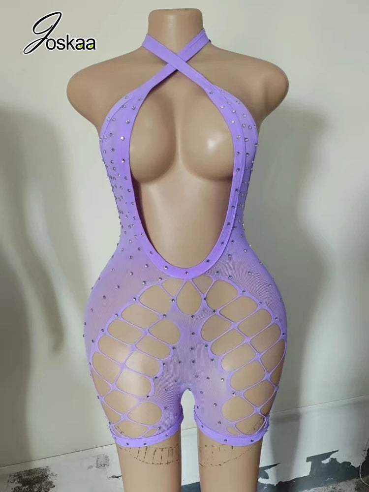 Women's Rhinestone Mesh Backless Cutout Romper RoseRed – Front View