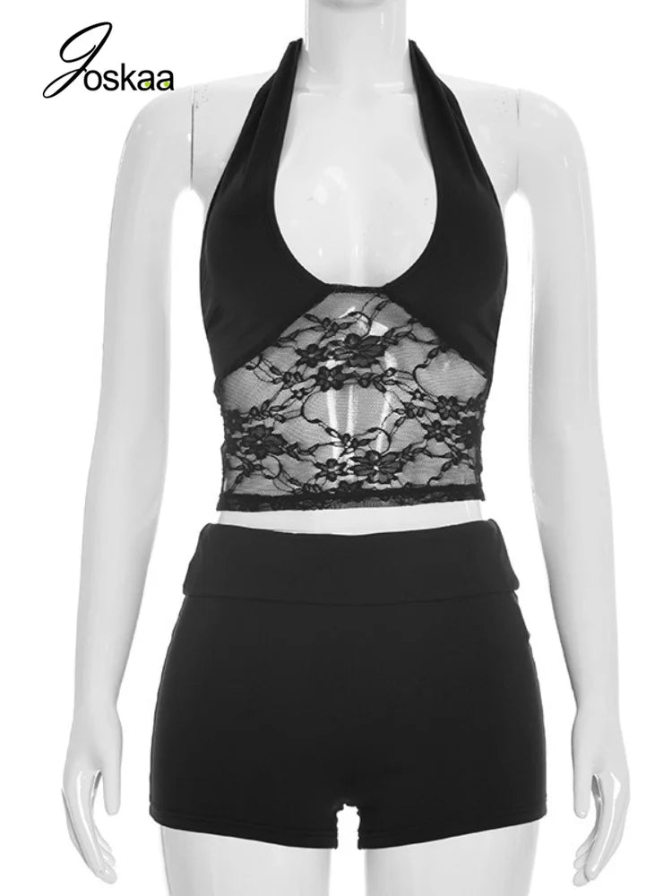 Women's Lace Backless Halter Two Piece Set Black – Back View