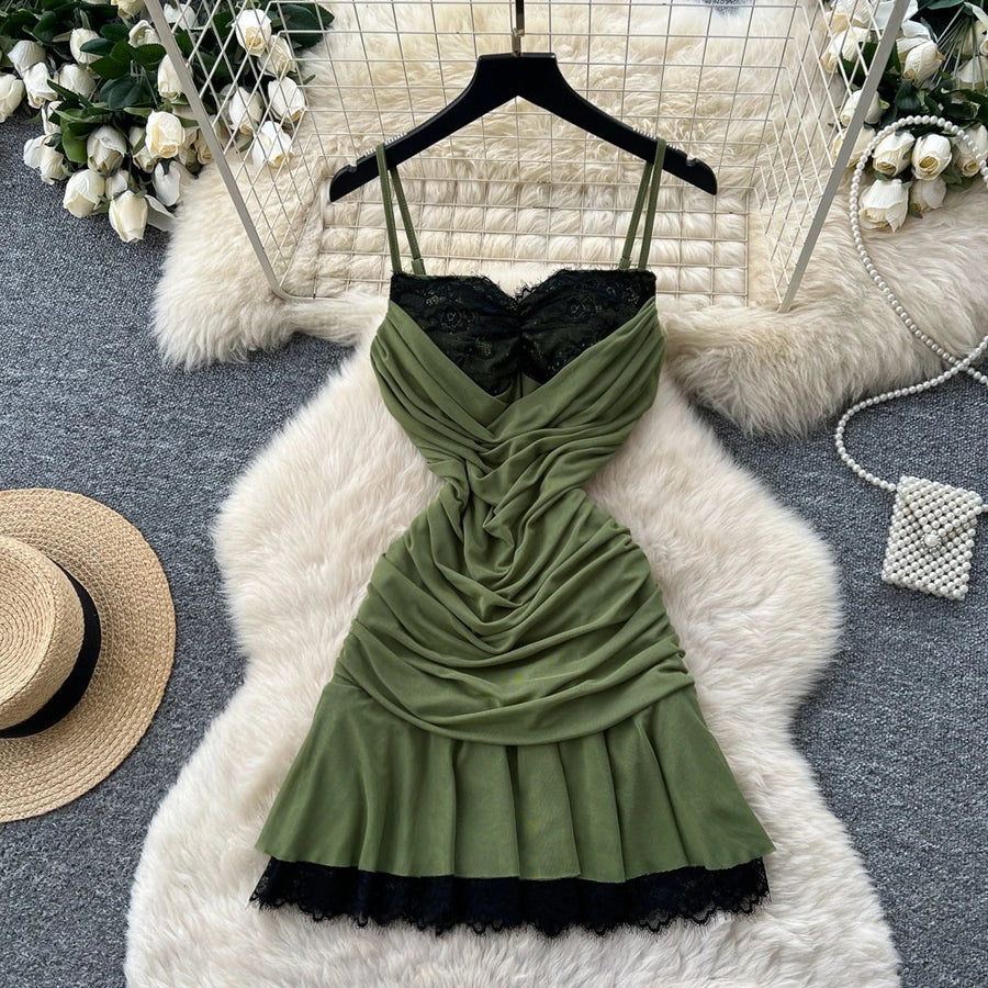 Women's Mesh Lace Ruched V-neck Mini Dress - Additional View 9