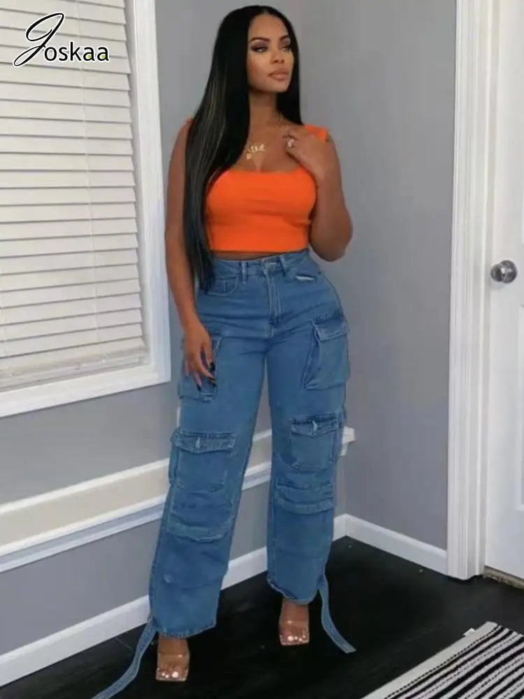 Women's Denim High Waist Pockets Cargo Jeans Pants Black – Side View
