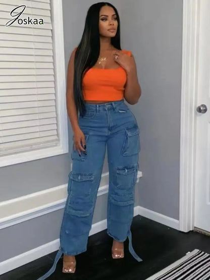 Women's Denim High Waist Pockets Cargo Jeans Pants Black – Side View