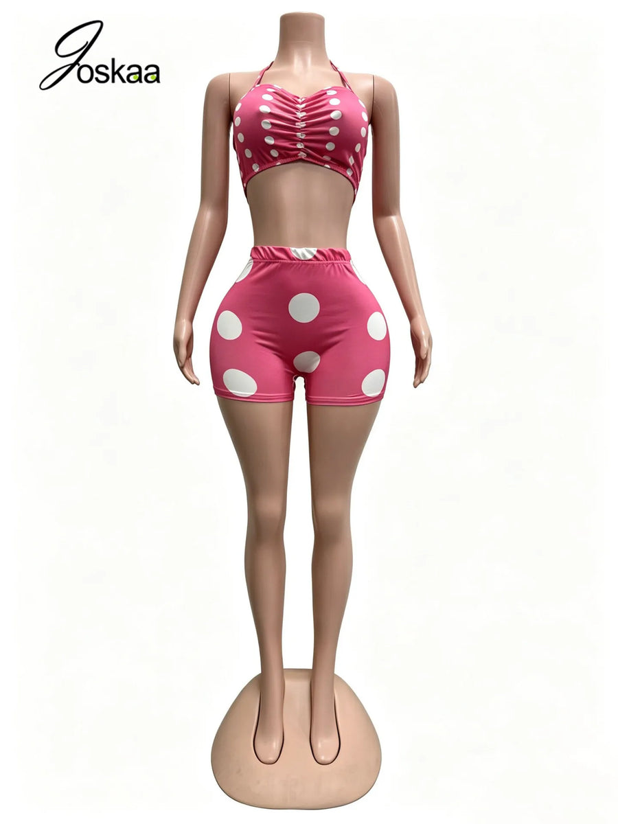 Women's Polka Dot Ruched Halter Two Piece Set Big Dot – Back View