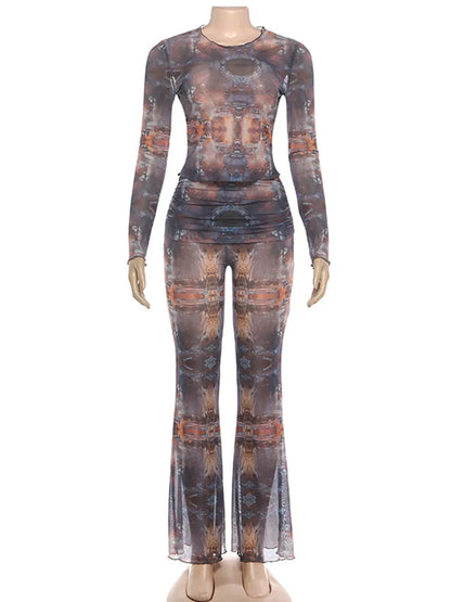 Joskaa Mesh Long Sleeve Flare Two Piece Set - two piece set image 5