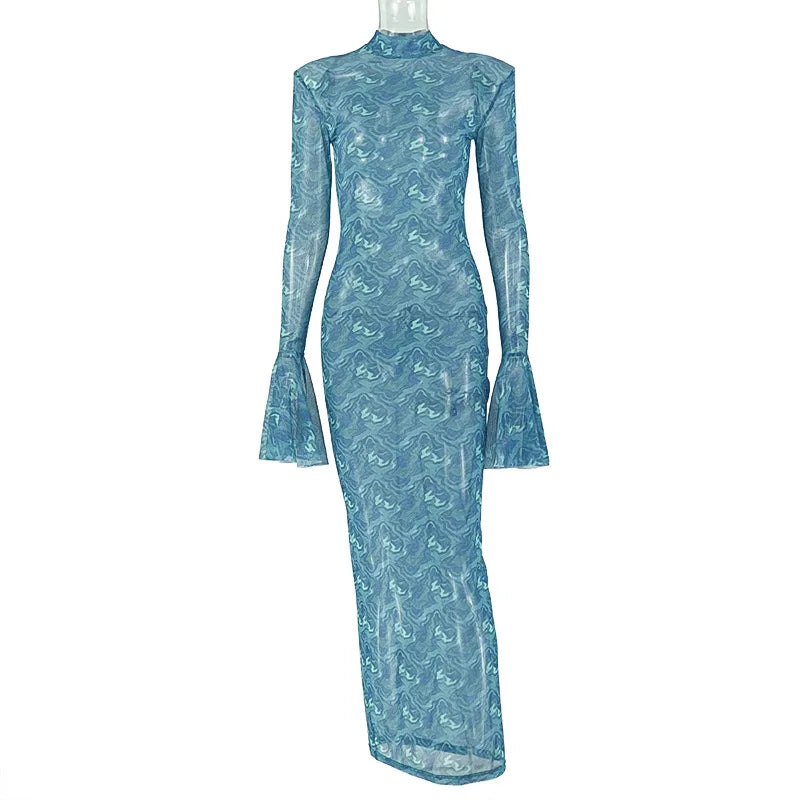 Women's Mesh Long Sleeve Bodycon Maxi Dress