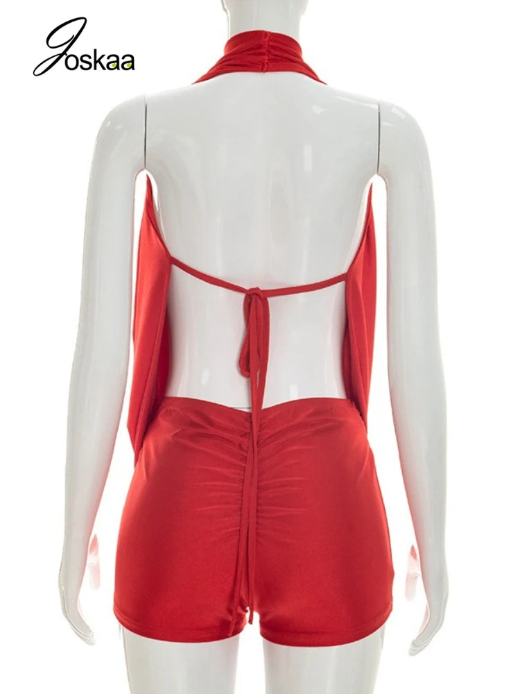 Women's Ruched Backless Halter Sleeveless Romper Brown – Detail View