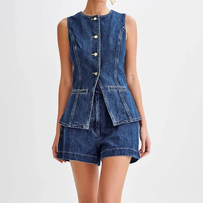 Women's Denim Sleeveless High Waist Two Piece Set