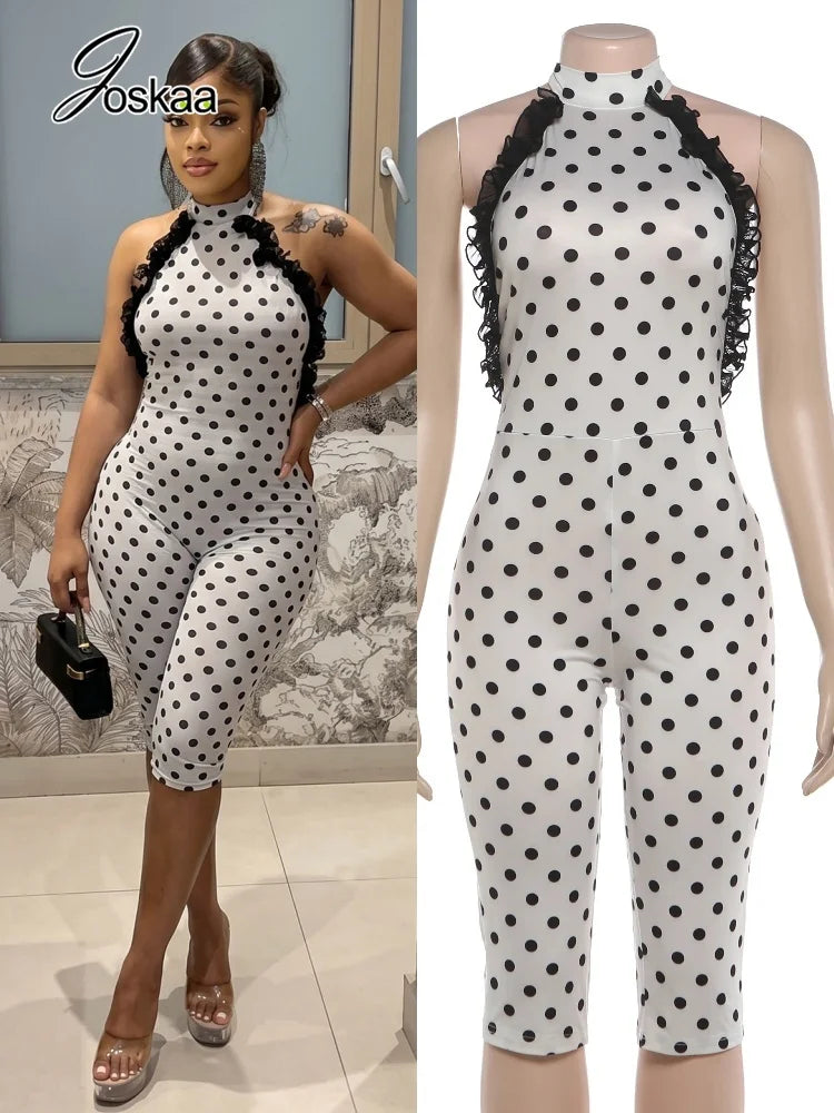 Women's Polka Dot Mesh Backless Halter Romper – Women's Fashion Wholesale – Front View