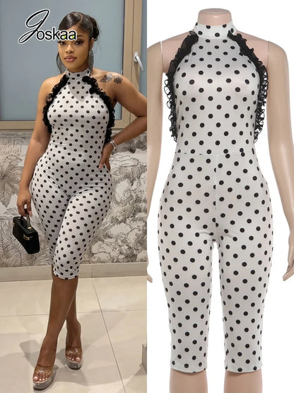 Women's Polka Dot Mesh Backless Halter Romper – Women's Fashion Wholesale – Front View