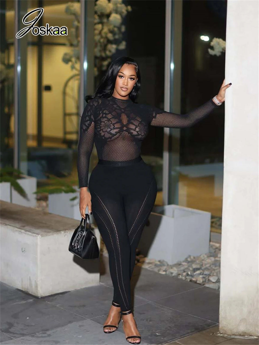 Women's Mesh Long Sleeve Crop Two Piece Set Black – Front View