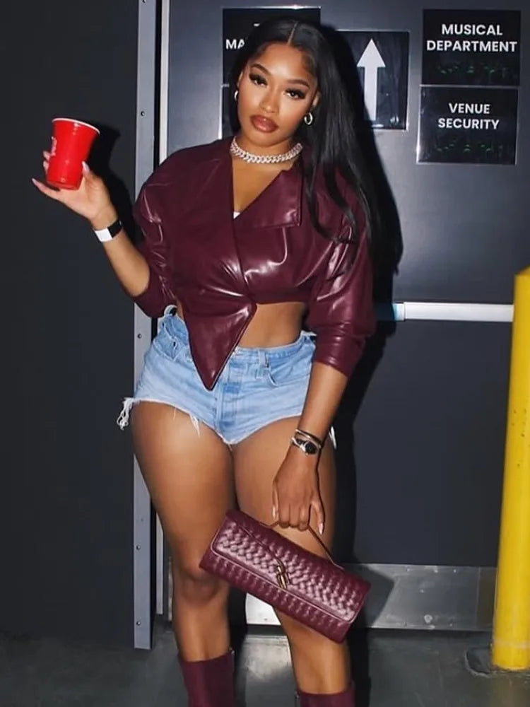 Women's Faux Leather Long Sleeve Crop Jacket Wine Red – Side View