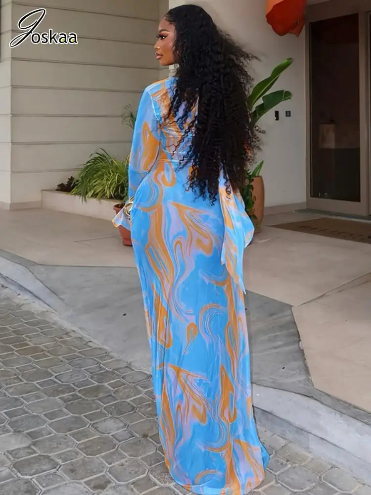 Women's Mesh Long Sleeve Bodycon Maxi Dress Colorful – Side View