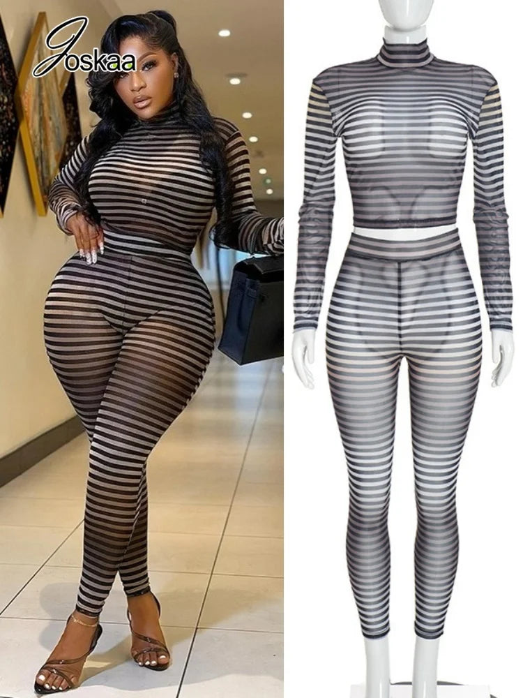 Women's Striped Mesh Long Sleeve High Waist Two Piece Set - Women's Fashion Wholesale - Front View