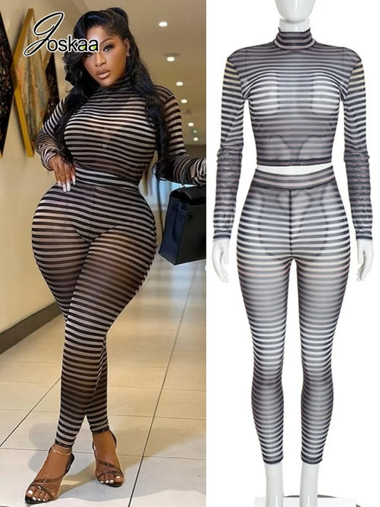 Women's Striped Mesh Long Sleeve High Waist Two Piece Set - Women's Fashion Wholesale - Front View