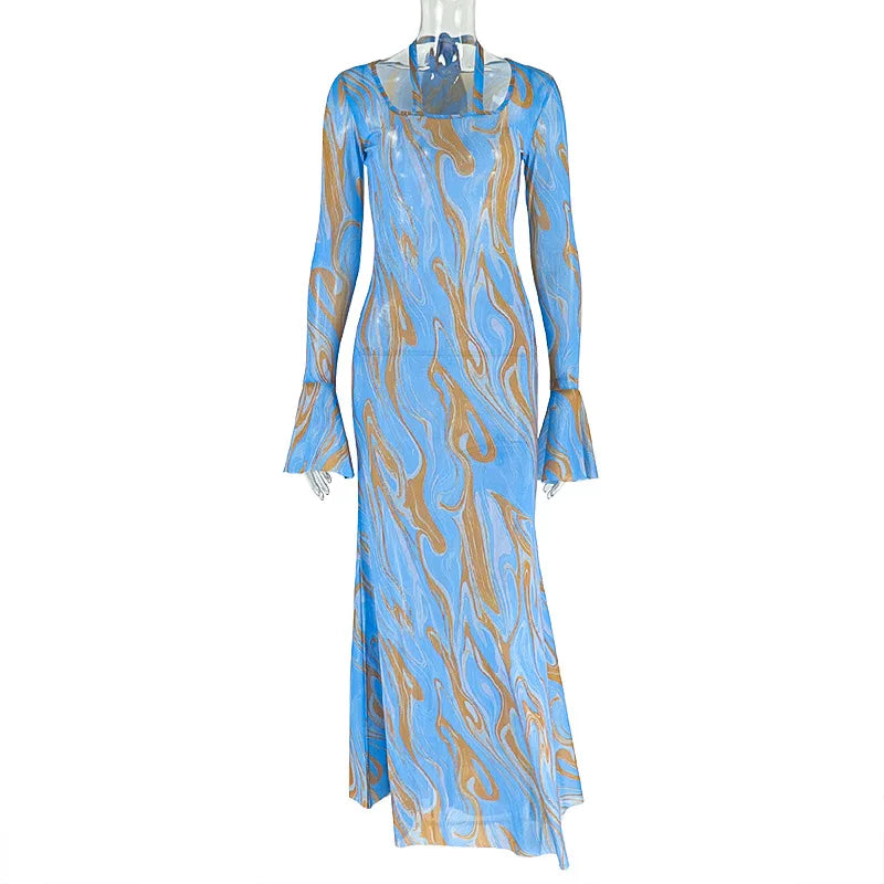 Women's Mesh Long Sleeve Bodycon Maxi Dress