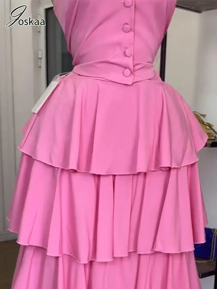 Wholesale Women's Halter Pleated Two Piece Set Pink – Detail View
