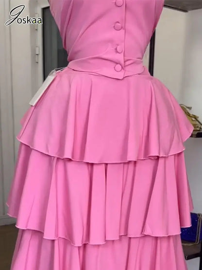 Wholesale Women's Halter Pleated Two Piece Set Pink – Detail View