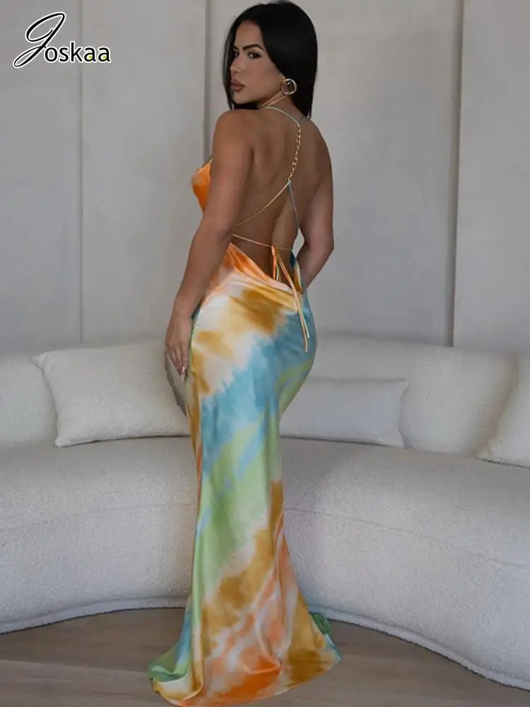 Women's Backless Halter Bodycon Maxi Dress Colorful – Front View