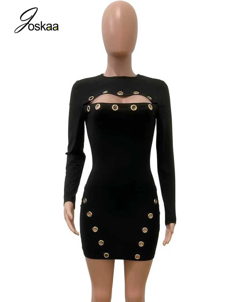 Women's Cutout Long Sleeve Bodycon Mini Dress Black – Detail View