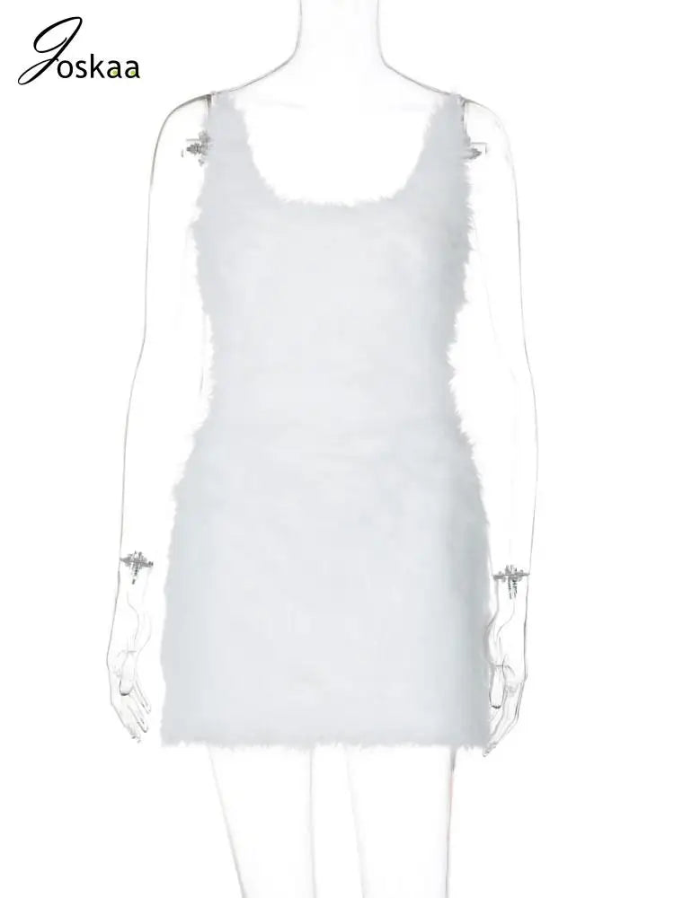 Women's Backless Furry White Spaghetti Mini Dress White – Back View