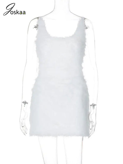 Women's Backless Furry White Spaghetti Mini Dress White – Back View