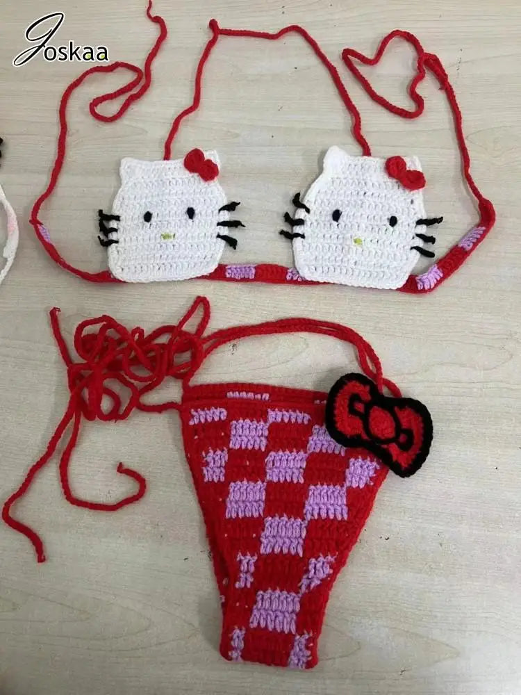 Women's Knit Ribbed Swimwear Patchwork Bikini Set Pink – Back View