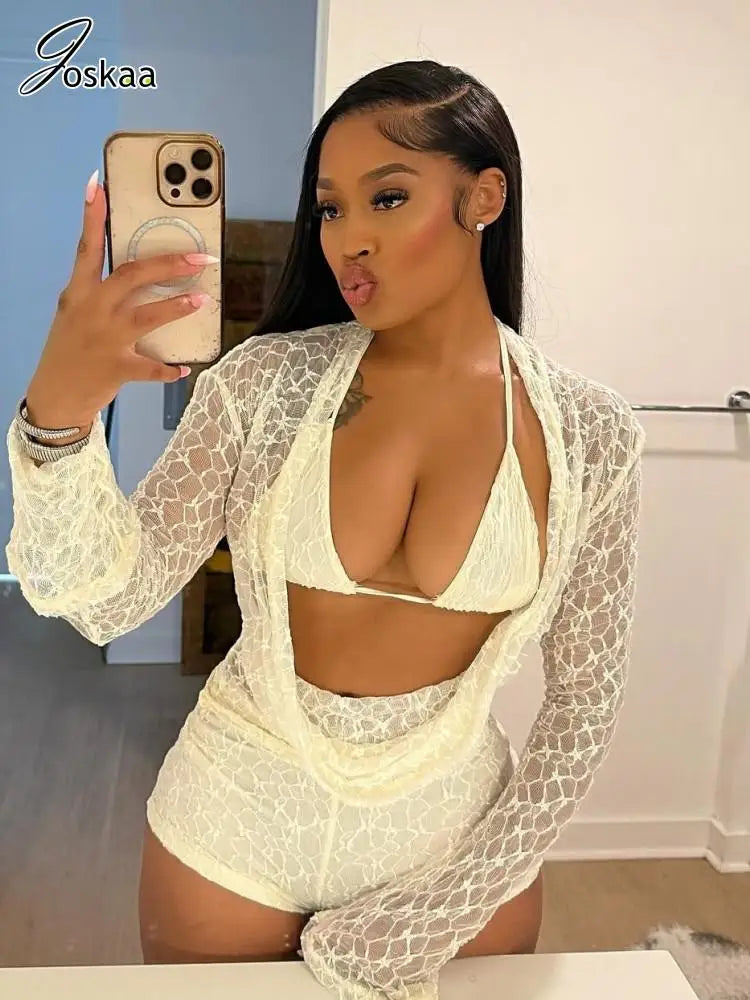 Wholesale Women's Lace Long Sleeve Two Piece Set Apricot – Front View