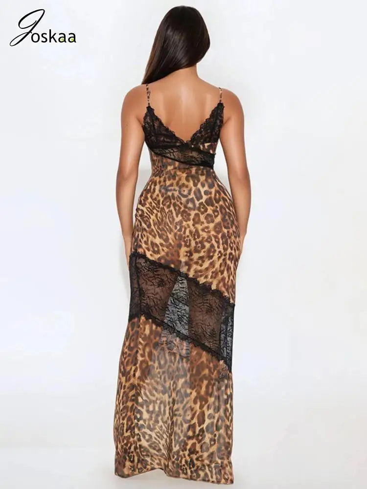 Women's Leopard Print Lace Bodycon Maxi Dress Leopard Print – Side View
