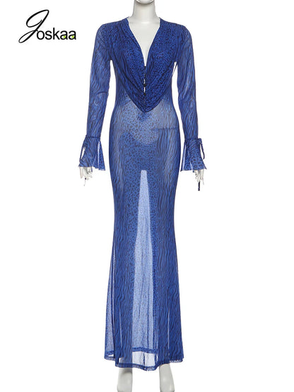Women's Leopard Print Mesh Ruched Maxi Dress Blue – Back View