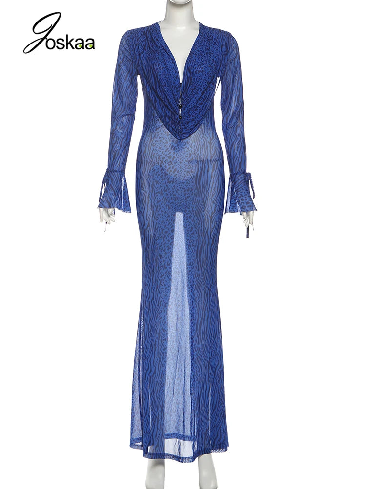 Women's Leopard Print Mesh Ruched Maxi Dress Blue – Back View