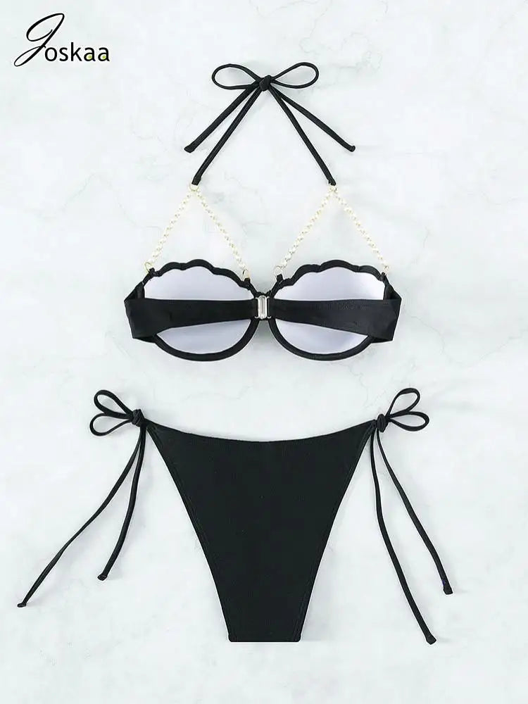 Women's Lace Swimwear Solid Chain Bikini Set White – Detail View