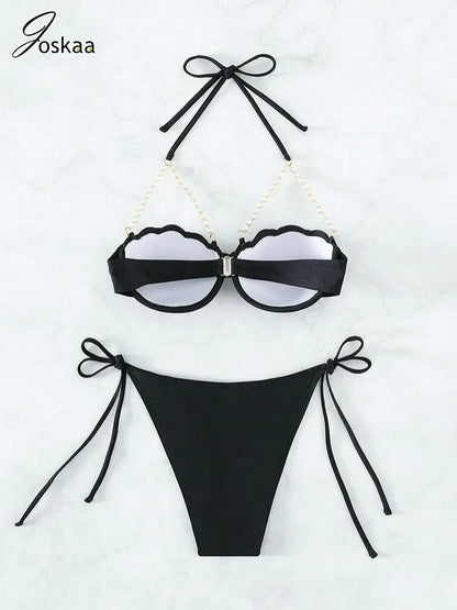 Women's Lace Swimwear Solid Chain Bikini Set White – Detail View