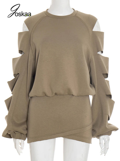Women's Cutout Long Sleeve Two Piece Set Black – Back View