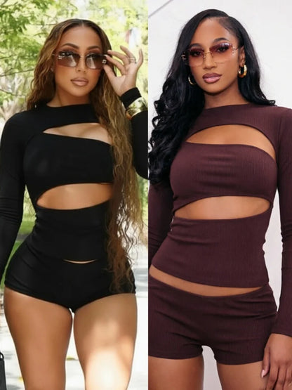 Women's Ribbed Knit Cutout Long Sleeve Bodycon Two Piece Set - Additional View 8
