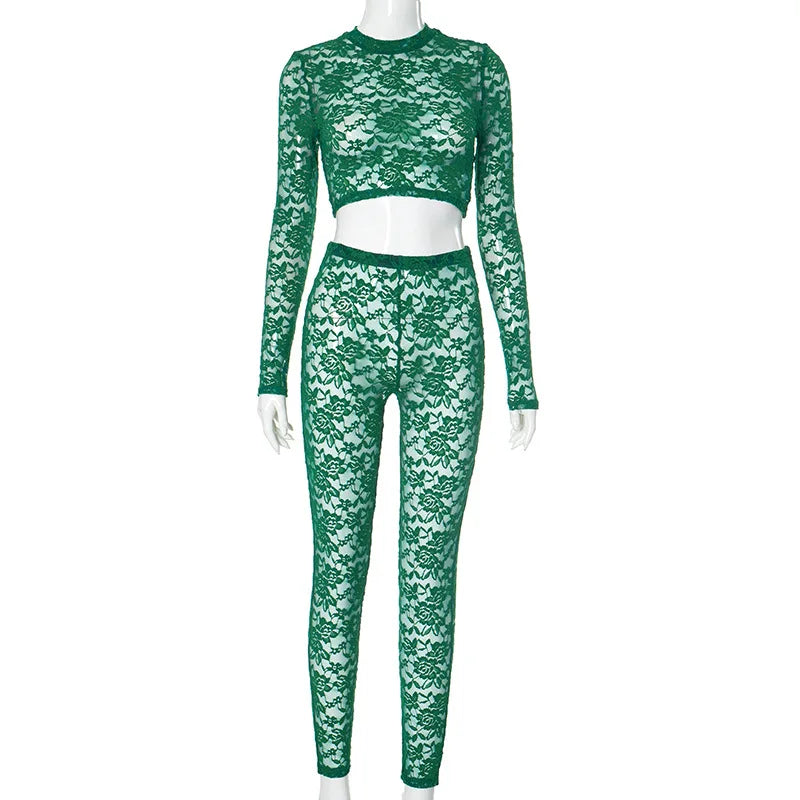 Women's Lace Long Sleeve Crop Two Piece Set