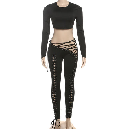 Women's Lace Cutout Long Sleeve Two Piece Set