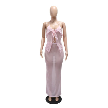 Women's Mesh Maxi Sheer Asymmetric Camisole Two Piece Set