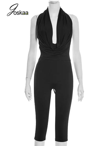 Women's Backless V-neck Halter Sleeveless Romper - Back View